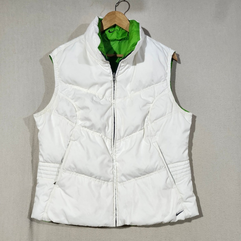 Nike Reversible Puffer Vest Womens XL White Lime Green Down Filled Quilted Zip